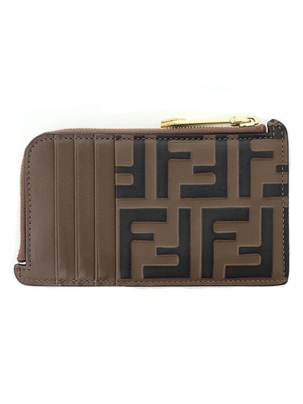 Fendi FF Diamond Card Slot Zucca Pattern Fragment Case Coin Purse Leather Brown